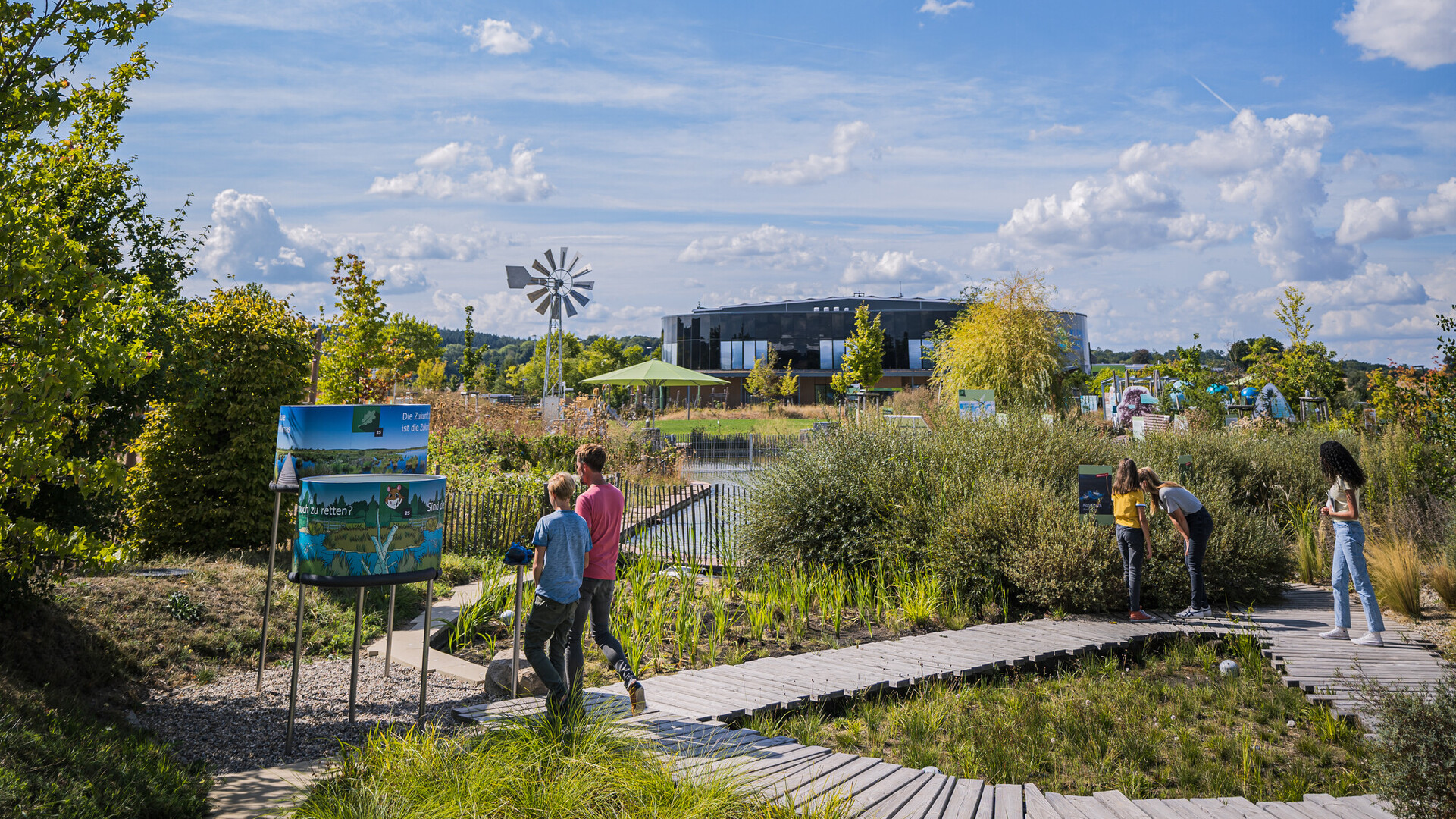 Familie schlendert durch das angelegte Moor und betrachtet Infotafeln.